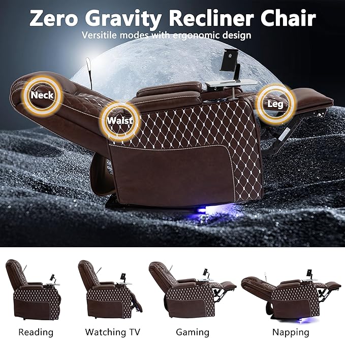 Power Zero Gravity Recliner Chair for Adults Breathable Leather Electric Recliners Adjustable Home Theater Seating with Smart Cup Holders USB Ports Hidden Arm Storage Tray Table