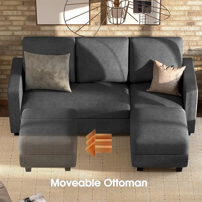 JUMMICO Convertible Sectional Sofa Couch Fabric L-Shaped Sofa with 3 Seats Removable Ottoman Small Sofa for Small Apartments Living Rooms and Offices (Deep Grey)