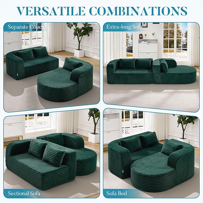 Hobestluk 96 Cloud Sectional Couch Modern Boneless Couch 3 Seater with Oversized Chaise L Shaped Modular Sofa Couches for Living Room Apartment No Assembly Required (Stripe GreenRight Facing Chaise)