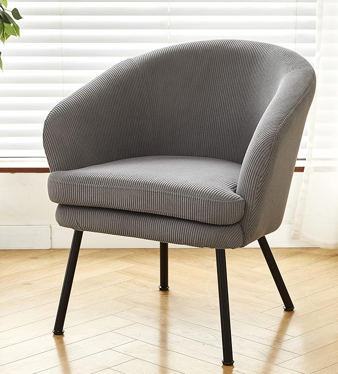 Modern Corduroy Accent Chair with Channel Back Design Black Metal Legs and Soft Upholstery Comfortable Seating for Living Room Bedroom or Office Grey