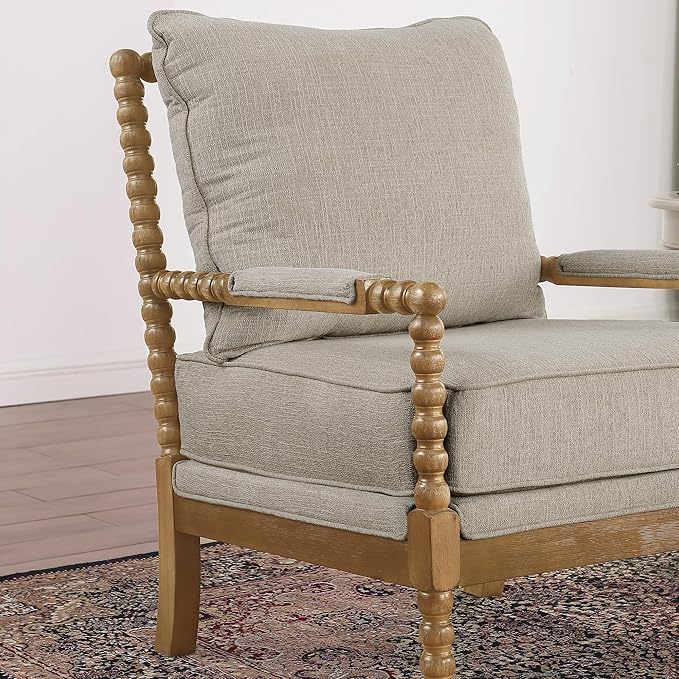 Morden Fort Linen Fabric Spindle Accent Chair with Wood Frame French Style Accent Chairs with Padded Spring Seat and Armrest Pads Brushed Base for Living Room Bedroom Farmhouse Office Balcony(Beige)