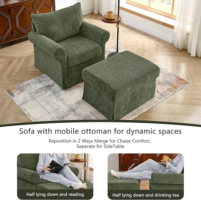 35.82 Accent Chair with Ottoman Set Upholstered Living Room Chairs for Reading Chair with Chaise Lounge Chairs Indoor Comfortable Armchair for Bedroom (Green 35.82)