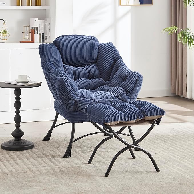 31.5 Lazy Chair1 OttomanLeisure Upholstered Sofa ChairModern Reading ChairLounge Accent Chair with Side Pocket for Small ApartmentLiving RoomBedroomOfficeNavy Blue