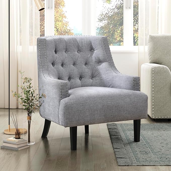 Lexicon Accent Chair Reading Chair Comfy Chair for Bedroom Upholstered Armchair with Solid Wood Frame Tufted Cushion Nail Head Trim Single Sofa Chair for Living Room Office Grey Chenille