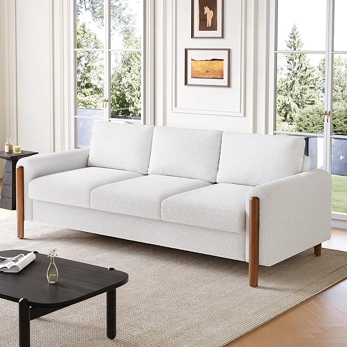 Merax 83.86 3-Seater Sofa Curved Armrest with Integrated Solid Wood Legs Teddy Velvet Fabric High Weight Capacity (250 lbs/seat) Durable Solid Wood Frame Cream White