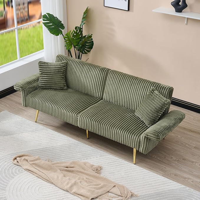79 W Foldable Sofa BedOverstuffed Futon LoveseatComfy Upholstered Sofa Chair with Adjustable Armrests &amp BackrestConvertible Extra Deep Sleeper Sofabed for Living Room (Green 2 Seat)