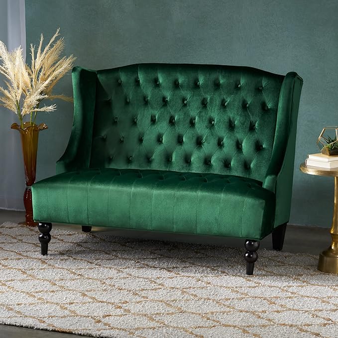 Modern Tufted Velvet Wingback Loveseat Tufted Velvet 2 Seat Couch Sofas with High Back Thick Padded Cushioned Seats for Living Room Victorian Style Emerald