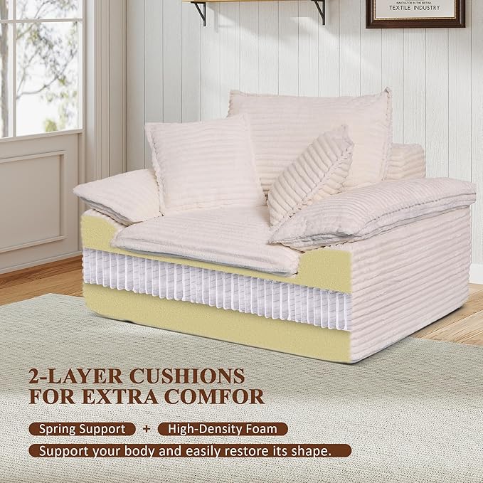Oversized Sofa Chair with Movable 2-Layer Ottoman Corduroy Chaise Lounge Chair with Armrests Pillows Oversized Reading Accent Chairs Couch for Living Room Bedroom No Assembly (White)