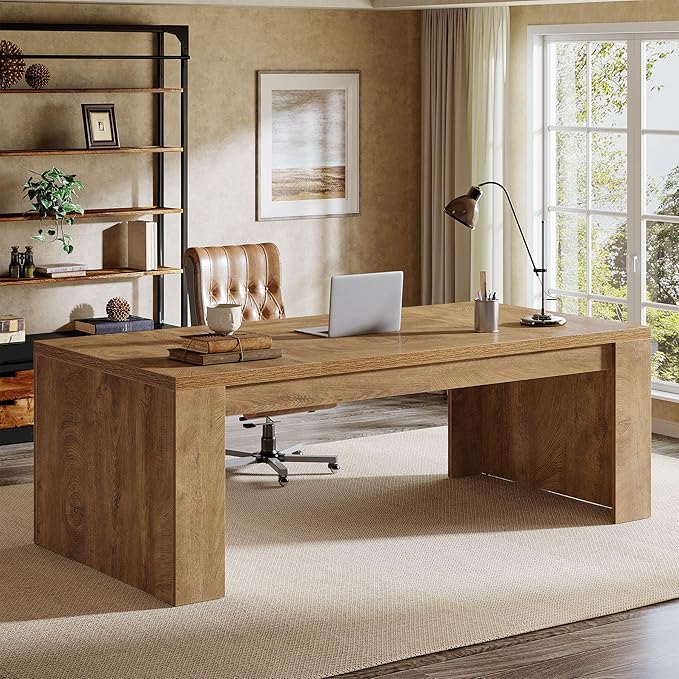 Tribesigns 70.9-Inch Executive Desk Large Wooden Computer Office Desk with Sturdy Double Pedestal Legs Writing Table Business Workspace Home Office Furniture for Home Office (Brown)