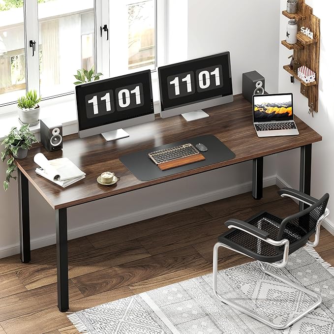 Need 63 Inch Large Computer Desk - Modern Simple Style Home Office Gaming Desk Basic Writing Table for Study Student Black Metal Frame Walnut