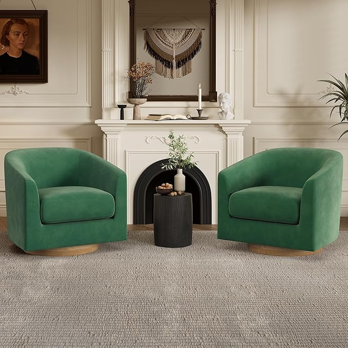 Swivel Barrel Accent Chair with Solid Wood Base Round Velvet Living Room Arm Chairs Modern Upholstered Comfty Reading Nook Chairs for Bedroom Club Armchair Single Sofa Side Chair Green