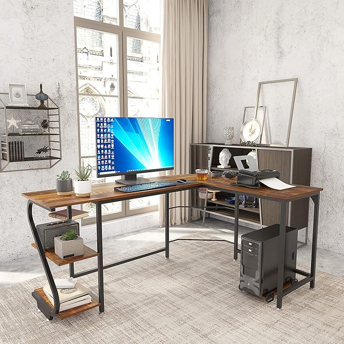 Weehom Reversible L Shaped Desk with Shelves Large Corner Computer Desk Gaming Desks for Home Office Writing Workstation Wooden TableRustic Brown