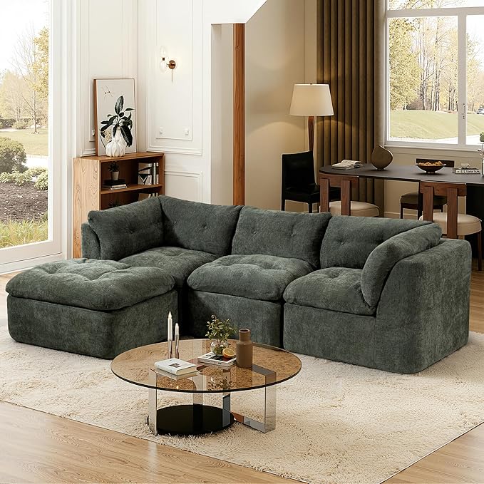 L Shaped Modular Sectional Sofa with Ottoman 106 Cloud Couch with Deep Seats &amp Layered Cushions No-Assembly Upholstered Sofa in a Box Boneless Couches for Living Room Green