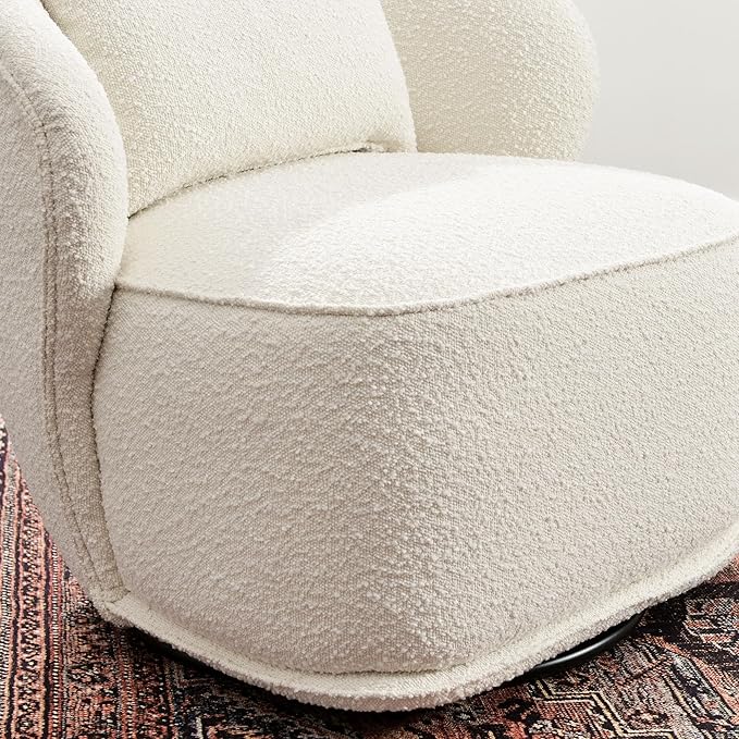 KINWELL 33 W Mid Century Modern Swivel Barrel Chair Upholstered Boucle Swivel Accent Chairs No Assembly Sofa Chair with Toss Pillow for Living Room Bedroom Reading Nursery Cream
