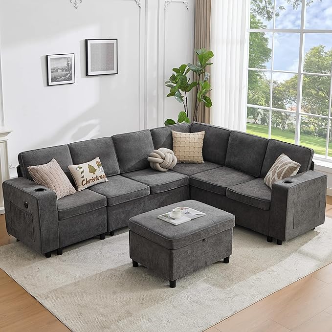 107 Inch Sectional Sleeper Sofa with Pull Out Bed 7 Seat U Shaped Modular Sectional Sofa with Storage Ottoman USB Port &amp 6 Pillows Sectional Couches for Living Room &amp Apartment Modular Cou