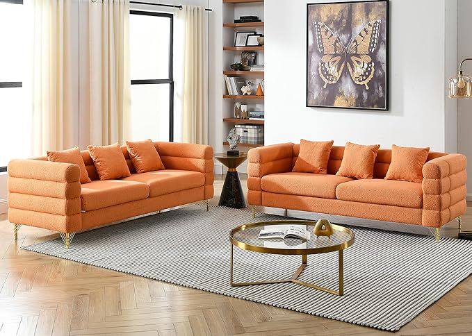 2 Pieces Cloud Sofa Set Teddy Bouclé 3 Seater Couch Sets Upholstered Tufted Modern Sofa with Gold Legs &amp Pillows Comfy Deep Seat Sherpa Couch for Living Room Bedroom Office Apartment(Orange)