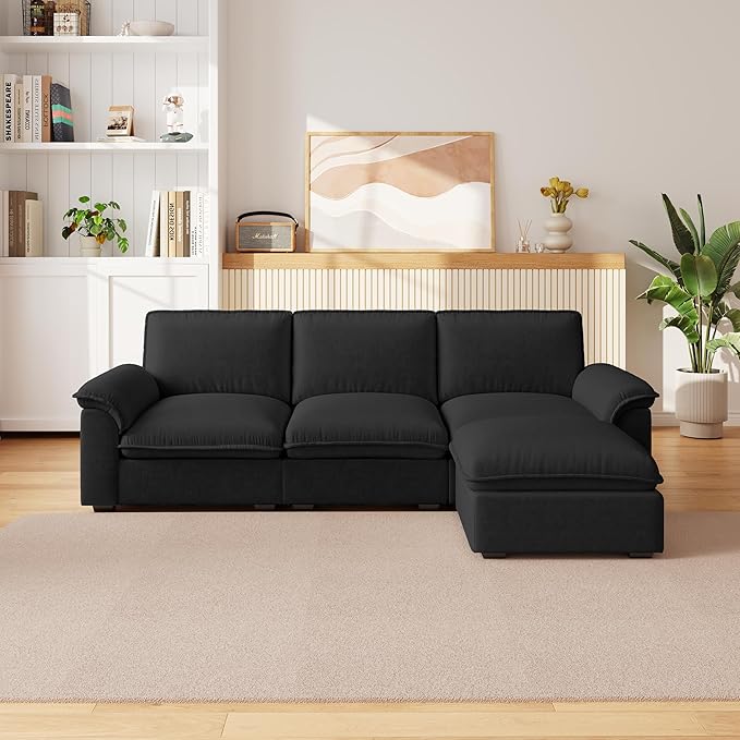 KEIKI 102 3Seat Modular Sectional Velvet Sofa Couch with Chaise Memory Foam for Urban Loft Small Space Style Conscious Urban Professionals Warm Inviting Comfy Supportive Premium Design Black