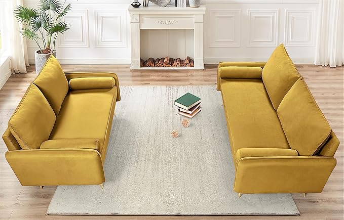 Kent Modern Loveseat European Style Velvet Living Room Furniture with Tapered Legs Vintage Flair and Sleek Design Greenish Yellow