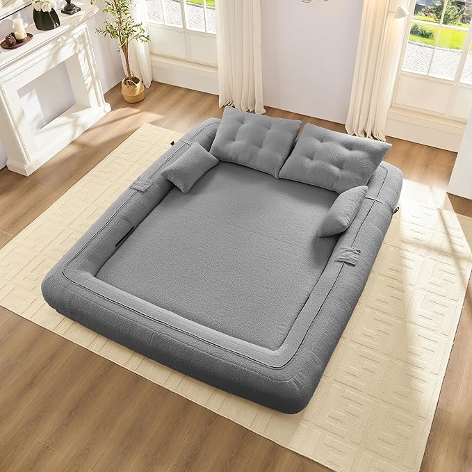 78.7 King Foldable Sofa Bed Lazy Sofa Couch 3-in-1 Multi-Functional Sleeper Sofa Bed Teddy Futon Sofa Floor Loveseat Sofa Human Dog Bed Bean Bag Lounge Recliner for Living Room Grey