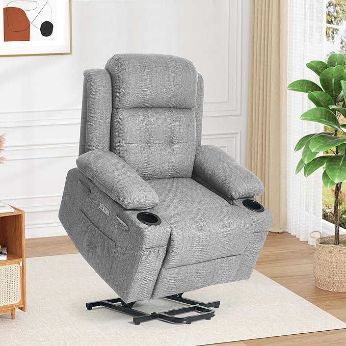 Power Lift Recliner Chair for Elderly with Massage &amp HeatLinen-Cotton Electric Recliner with USB Ports Cup Holders Side Pockets Lift Chair for Living Room Bedroom