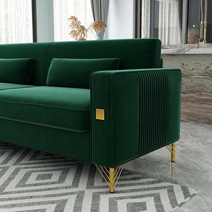 KEIKI 86 Oversized Luxury Velvet Sofa with Armrest and Removable Plush Cushions Modern Style Gold Accents 3-Seater Couch with Solid Legs Easy Assembly for Living Room Apartment Green