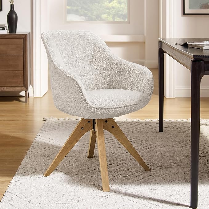 Art Leon Swivel Accent Chair - Mid Century Modern Desk Chair No Wheels Boucle Fabric Upholstered Armchair with Natural Oak Wood Lges White