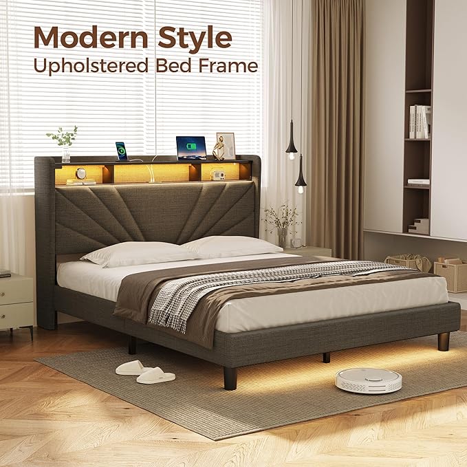 Rolanstar Queen Size Bed Frame Storage Headboard with Charging Station and LED Lights Upholstered Bed with Heavy Duty Wood Slats No Box Spring Needed Noise Free Easy Assembly Dark Grey
