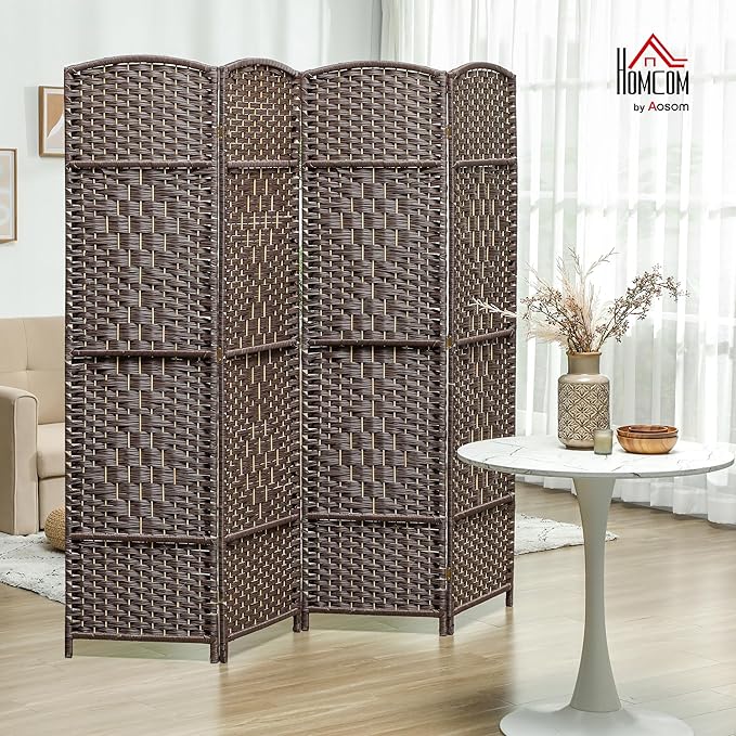 HOMCOM Room Divider 6 Ft 4 Panel Folding Privacy Screen Hand-Woven PP Wall Partition with Pine Wood Frame Freestanding Room Separator for Bedroom Home Office No Assembly Brown