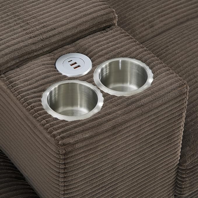 Modern U-Shaped Sofa 116.9 Sectional Sofa Corduroy Upholstered Sofa Couch with Storage Ottomans Cup Holders and USB Ports for Living Room (Brown-X70)