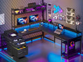 EnHomee 64 x 60 Inches L Shaped Desk with Hutch and Drawers Gaming Desk with Power Outlet &amp Monitor Stand &amp LED Lights Computer Corner Desk Two Person Office Desk for Living Gaming Room B