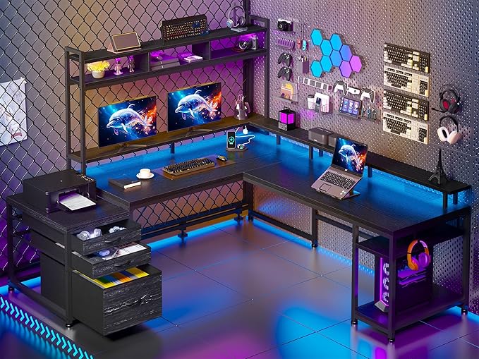 EnHomee 64 x 60 Inches L Shaped Desk with Hutch and Drawers Gaming Desk with Power Outlet &amp Monitor Stand &amp LED Lights Computer Corner Desk Two Person Office Desk for Living Gaming Room B