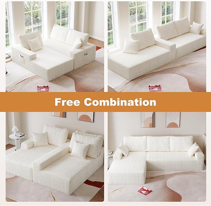 Modular Sectional Sofa 3-Seat L-Shaped Cloud Couch with Memory Foam Oversized Chaise for Living Room Breathable Fabric &amp Removable Cover