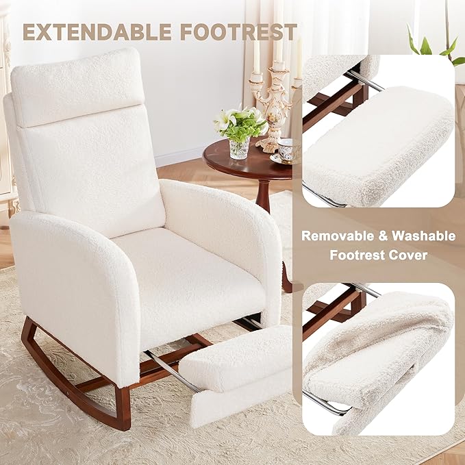 Nursery Rocking Chairs with Foot Rest Rocking Chair Nursery Chair with High Back Glider Rocking Chair Baby Nursery Glider Rocker Nursing Chair Accent Living Room (Teddy White)