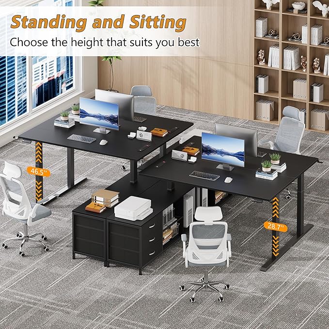 L Shaped Electric Standing Desk with Drawers &amp Shelves Height Adjustable Corner Computer Desk with Power Outlets 55 Inch Sit Stand Executive Desk with Storage for Home Office Black