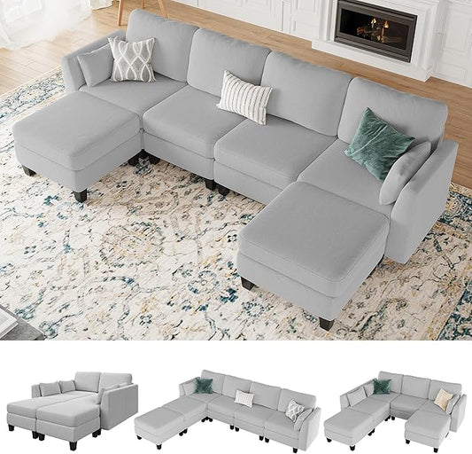 Modular Sectional Sofa Comfy Cloud Couch Sectionals Convertible Modular Couch with High Density Memory Foam 6 Seat U Shaped Sectional Couches for Living Room Washable Cover Light Grey | Comfortab
