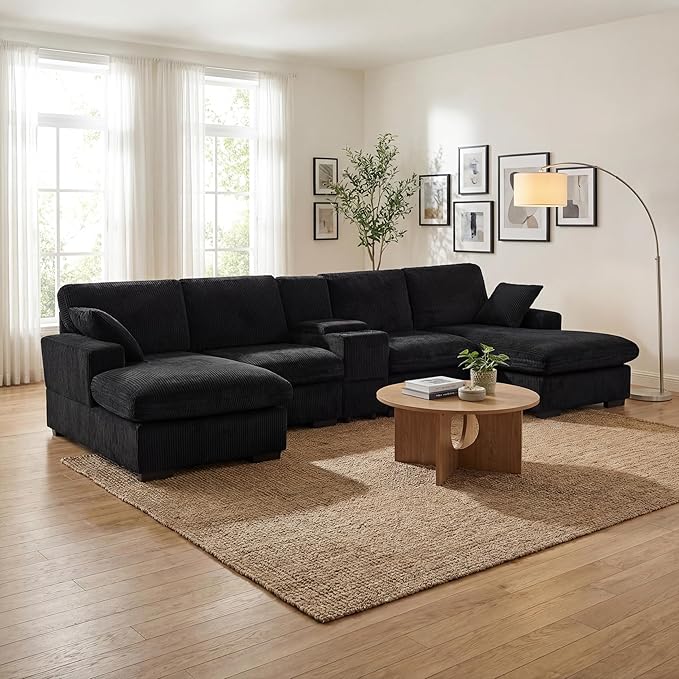 126 U Shaped Sofa Modular Sectional Sofa with Chaise Lounges Modern Couch with Storage Console USB Charging Ports &amp Cup Holders Corduoy Upholstered Deep Seat Couch for Living Room Black | st
