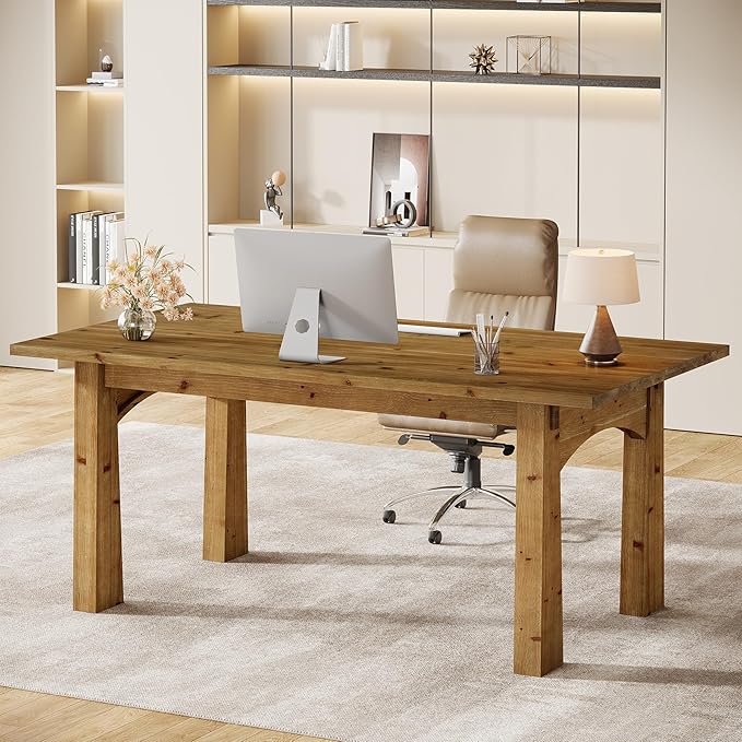 Solid Wood Executive Desk 63-Inch Computer Desk with Sturdy Wooden Legs Farmhouse Workstations Writing Table Conference Table Business Furniture for Home Office