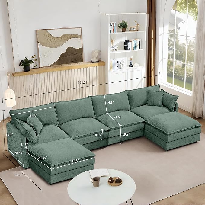 Harper &amp Bright Designs 130.7 Modular Sectional Sofa U-Shaped Cloud Couch Set with 2 Movable Ottomans 4-Seater Comfy Chenille Sofa for Living Room DIY Combination (Mint Green)