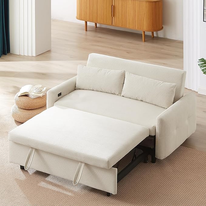 Pull-Out Sofa Bed Convertible Couch 2 Seat Loveseat Sofa Corduroy Fabric Upholstered Sleeper Sofa with 2 Throw Pillows and USB Ports for Living Room Office Apartment (Beige)