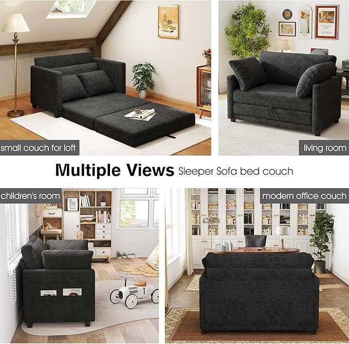 51 Loveseat Sleeper Sofa Bed Chenille Convertible Floor Sofa Bed for Small Spaces Folding Couch Bed with Deep Seat 2 Pillows &amp Solid Frame Pull Out Floor Couch for Living Room Black