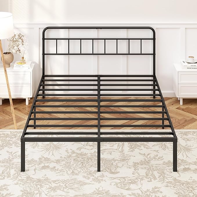 12 inches Full Size Bed Frame with Minimalist headboardMetal Platform Base with Strong Metal SlatsMattress Foundation for Under Bed StorageEasy AssemblyBlack