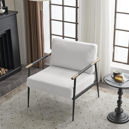 Modern Chic Accent Chair with Metal e Upholstered Chenille Living Room Chair with Removable Seat and Back Cushion Comfy Reading Chair for Bedroom White GH427