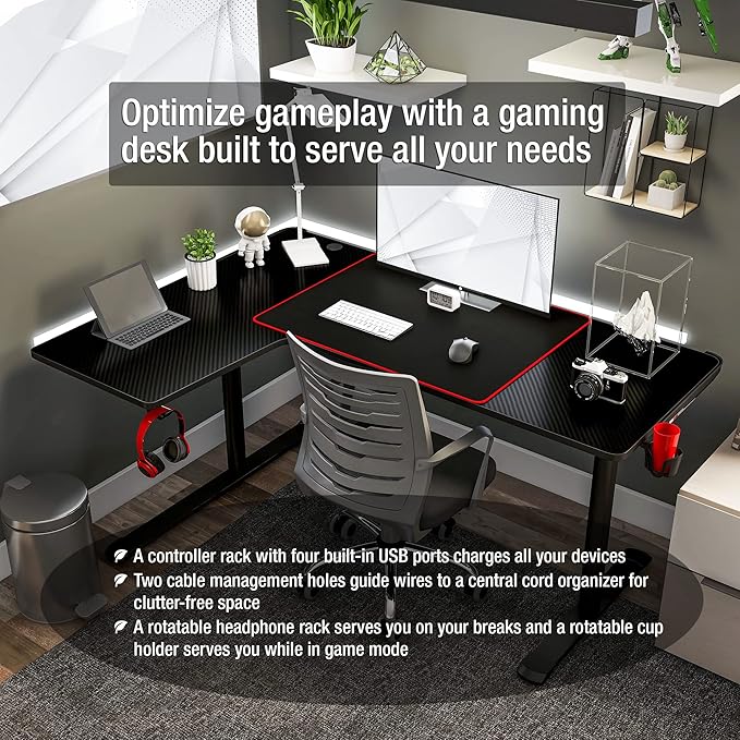 Homes: Inside + Out Kindira Modern Steel Gaming Desk with USB Ports PC Mouse Pad and Rotatable Cup-Holder for Home Office Classroom Study Room Black L-Shape