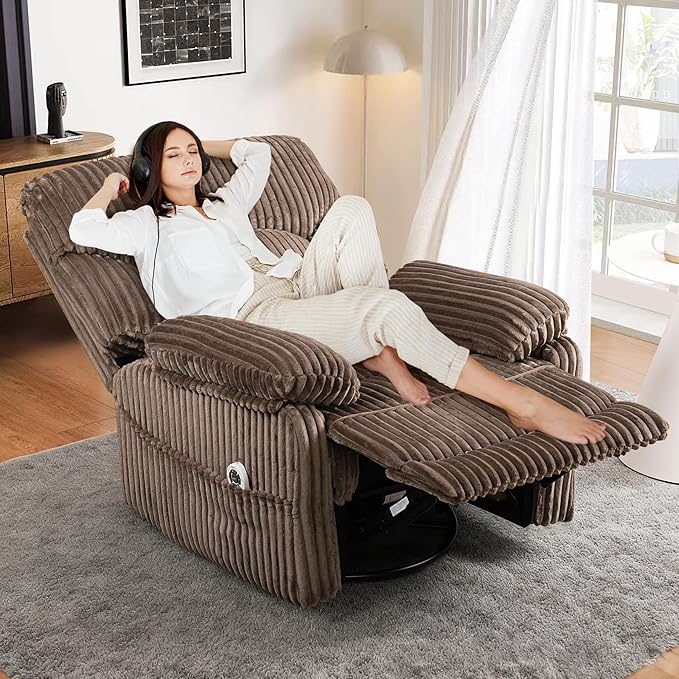 GRAINELL Swivel Rocker Recliner Chair with Massage and Heat USB Charging Port Infinite Position Power Recliner Electric Glider Rocking Chairs for Living Room Nursery (Brown)