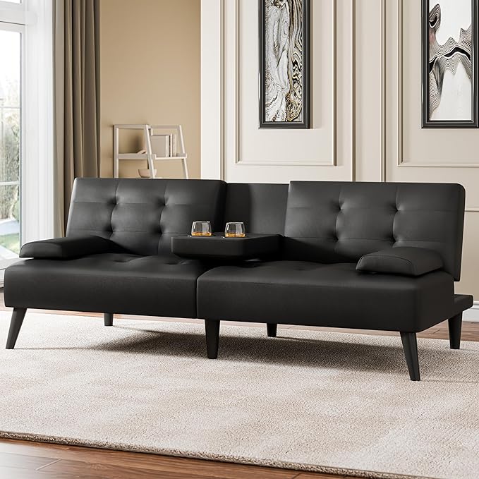 Meilocar 64 Futon Sofa Bed Convertible Loveseat with 2 Cup Holders Small Couch with 3 Adjustable Angles &amp Removable Armrest Modern Sleeper Sofa for Apartment Office (PU Leather Black)