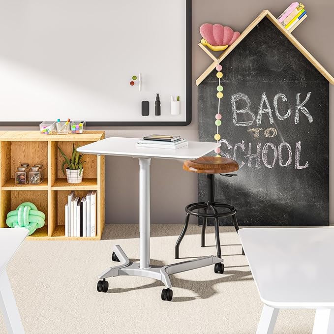 Seville Classics Airlift Height Adjustable Pneumatic Laptop Sit Stand Desk Mobile Rolling Cart Computer Workstation for Home Office Classroom White 28 Premium Desktop (New Model)