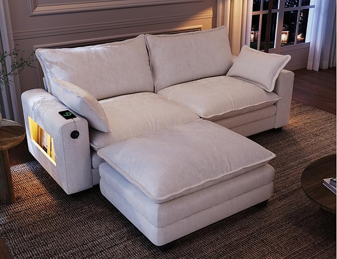 80 L Shaped Sofa Sectional Cloud Couch with Ottoman Modern Chenille Fabric Sofa with Wide Armrest Storage Charging Station Led Lights for Living Room Bedroom and Apartment White
