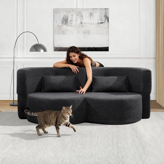 Convertible Folding Sofa Bed79”Full Size Floor Sleeper Boneless CouchTeddy Velvet Full Foam Futon Loveseat for Living Room BedroomNo Assembly Required (Black)
