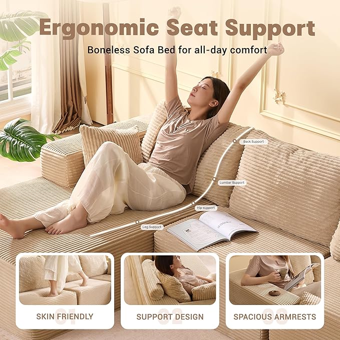 138 Boneless Couch with Deep Seat Set of Modular Sectional Sofa Cloud Sectional Couch for Living Room No Assembly Required Corduroy U-Shape 4 Seater Left Camel