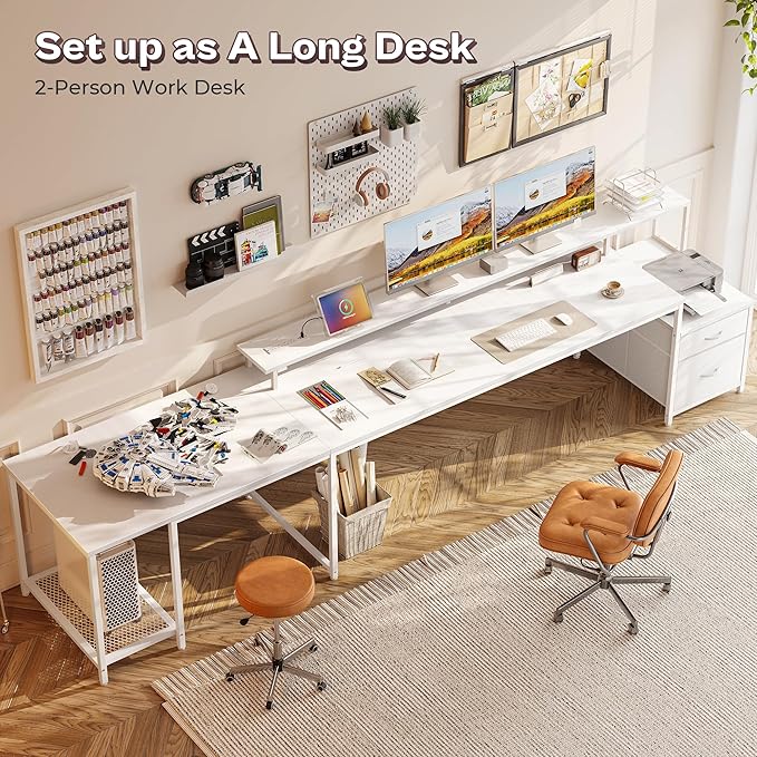 PRAISUN 66 L Shaped Gaming Desk with LED Lights &amp Power Outlets Computer Desk with Fabric Drawers and Print Stand Corner Office Desk Monitor Stand Mesh CPU Stand White